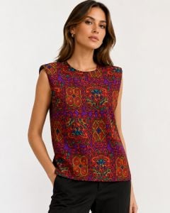 90s Sleeveless Silk Stained Glass Print Tank Top Blouse Shell