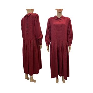 90s Red Herringbone Flannel Oversized Drop Waist Grunge Dress
