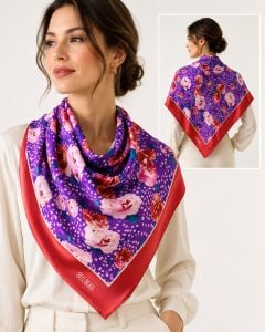 80s Vintage Silk Scarf Pink Purple Floral Red Border 35 x 35