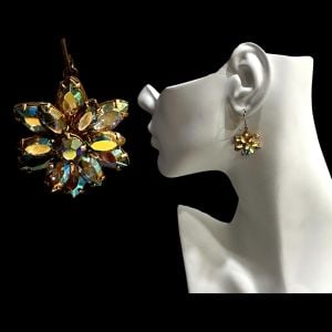 50s 60s Aurora Borealis Rhinestone Starburst Flower Dangle Earrings 