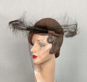 40s Brown Asymmetrical Close Hat with Angled Feathers - Fashionconservatory.com