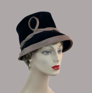 Vintage 70s Black Velour Fedora with Taupe trim by Gene Doris - Fashionconservatory.com
