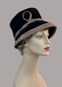 Vintage 70s Black Velour Fedora with Taupe trim by Gene Doris