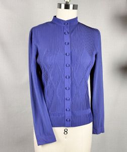 60s Dark Lavender Button Front, Micro Pleated Long Sleeve Blouse by Hal Ferman, Sz 10