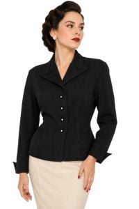 1940s Black Gabardine Tailored Jacket with Rhinestone Buttons