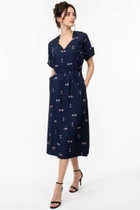 Vintage 1940s Navy Silk Dress Atomic Print WWII Day Dress Pockets XS