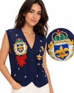 80s Baroque Embroidered Sweater Vest | Vintage Knit Trophy Vest | Crown Beaded Fleur de Lis