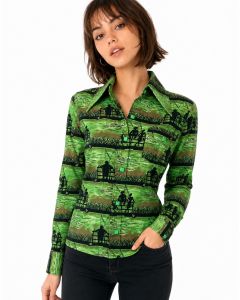 intage 70s Martini Green Novelty Fishing Print Polyester Shirt XS