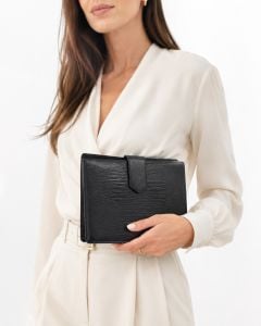 80s Italy Black Leather Box CLUTCH | Square Lizard Stamp Minimalist Bag  - Fashionconservatory.com