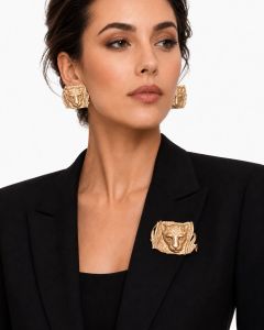80s Leopard Brooch Pendant and Earrings Set 1980s Gold Tone Big Cat Jewelry