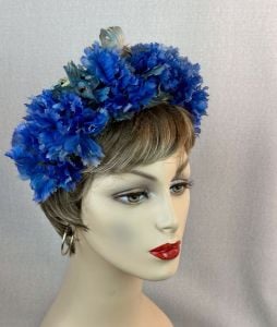 Vintage 50s Floral Clip Hat, Royal Blue and Mint Green