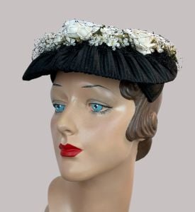 Vintage 50s Hat, Black Platter with White Florals, Placement Cap