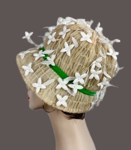 Vintage 60s White and Beige Floral Cloche Style Summer Hat by Coralie - Fashionconservatory.com