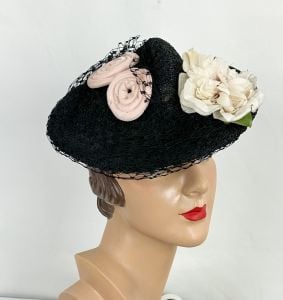 Vintage 40s Black Straw Tilt Hat with Florals, New York Creations - Fashionconservatory.com