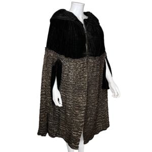 Vintage 1920s Evening Cloak Black Velvet & Ruched Metallic Silk Cape Florette New York Paris - Fashionconservatory.com