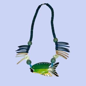 Vintage 80s Chunky Wood Fish Necklace Hand Painted Tropical Statement Jewelry - Fashionconservatory.com