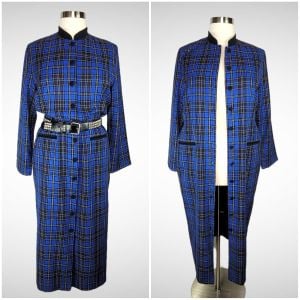 90s M. H. M. Melissa Harper Blue Plaid Button Front Coat Dress Black Velveteen Trim Plus Size - Fashionconservatory.com