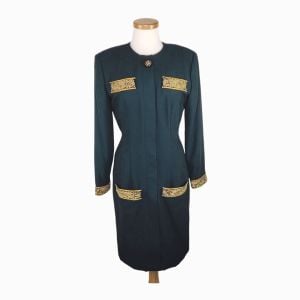 GILLIAN Military Inspired Black Crepe Cocktail Dress with Gold Metallic Braid Trim