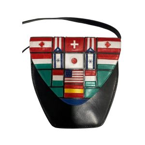 80s Black Leather Shoulder Bag FLAGS of the World | 9'' x 8.75'' x 2.5''