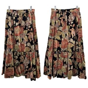 70s Romantic Ruffle Hem Floral Velvet Midi Length Prairie Skirt | XS/S - Fashionconservatory.com