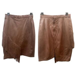 Y2K Brown Leather Asymmetrical FRINGE Skirt | Tight Fit Above Knee Pencil Skirt made Germany - Fashionconservatory.com