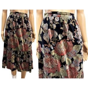 70s Romantic Ruffle Hem Floral Velvet Midi Length Prairie Skirt | XS/S