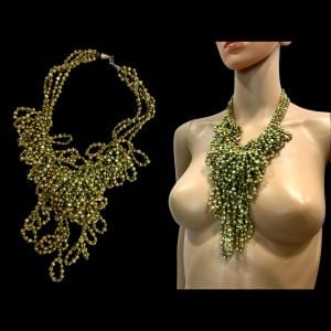 00s Handmade Heavy Irregular Green / Gold Glass Bead Multi Strand Necklace - Fashionconservatory.com