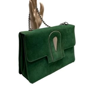 60s Green Kid Suede & Silver Mod Bag w Chain Strap - Fashionconservatory.com