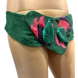 80s Green Suede Belt – Leaf & Snakeskin Appliqué, Super Wide Statement Belt - Fashionconservatory.com