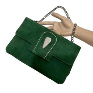 60s Green Kid Suede & Silver Mod Bag w Chain Strap