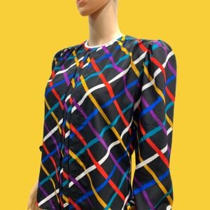 80s 90s Colorful Grid Pattern Pleated Front Blouse  - Fashionconservatory.com