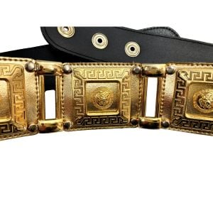Vintage 80s Gold Lion Head Greek Key Statement Belt - Fashionconservatory.com