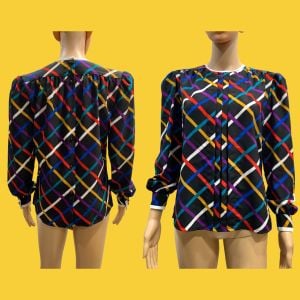 80s 90s Colorful Grid Pattern Pleated Front Blouse 