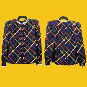 Vintage Albert Nipon Colorful Grid Print Silky Blouse XS
