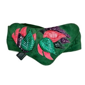 80s Green Suede Belt – Leaf & Snakeskin Appliqué, Super Wide Statement Belt