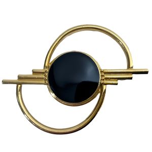 80s Large Gold Modern Architectural Brooch with Black Center 