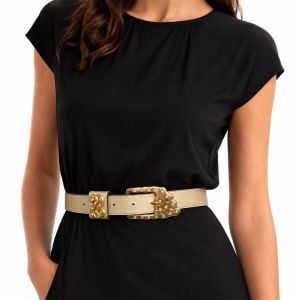 80s 90s Pale Gold Leather Statement Belt w Large Abstract Buckle Rhinestones  - Fashionconservatory.com