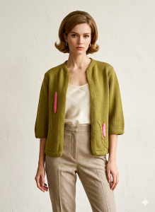 50s 60s Olive Green Open Cardigan Sweater w Pink Cattails  - Fashionconservatory.com