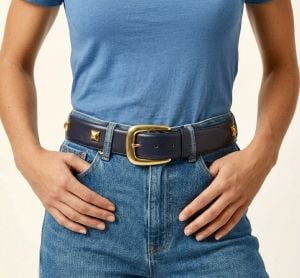 80s 90s Navy Leather Belt with Gold Studs and Buckle | Medium