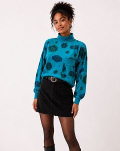 80s Teal Aztec Print Mock Neck Sweatshirt Soft Oversized Cotton Blend Top S