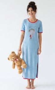 70s Long Blue T Shirt Nightgown Nightie w Cute Cartoon | XS/S