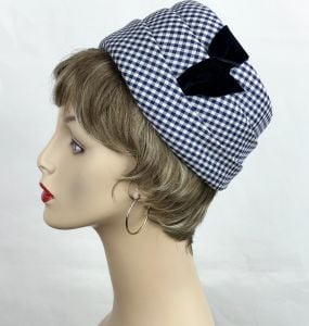 Vintage 60s Navy Blue and White Gingham Stacked Pillbox Style Hat by Betmar