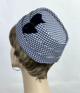 Vintage 60s Navy Blue and White Gingham Stacked Pillbox Style Hat by Betmar - Fashionconservatory.com