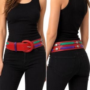 80s 90s Vintage Ginnie Johansen Red Leather Concho Belt with Multicolor Accents - Fashionconservatory.com