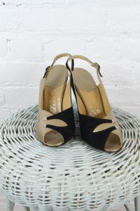 1950s shoes . La Rose black and gold leather peep toe sling back high heel pumps . NOS . 8 1/2 - Fashionconservatory.com