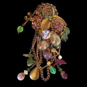 Vintage 90s Lorelei Assemblage Brooch - Purple Rhinestones, Beads, Dangles, 6'' - Fashionconservatory.com