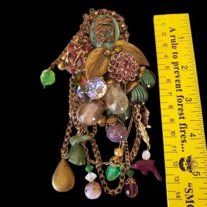 Vintage 90s Lorelei Assemblage Brooch - Purple Rhinestones, Beads, Dangles, 6''