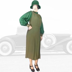 Early 30s Green Dress Amazing Long Bishop Bell Sleeves, Old Hollywood Film Noir