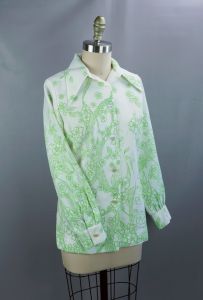 70s Pale Green and White Long Sleeve Button Front Blouse by Ceeb, Sz 10 - Fashionconservatory.com