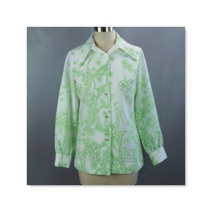 70s Pale Green and White Long Sleeve Button Front Blouse by Ceeb, Sz 10